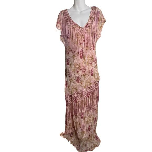 Vintage 90s Y2K Floral Fringe Pink Temptation Large Flapper Style Max Dress Set - Picture 1 of 8